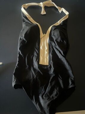 Michael Kors Black Halter One-Piece Swimsuit with Cream Trim